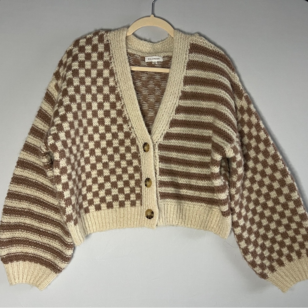 Rumor Has It Checkered Striped Knit Cardigan